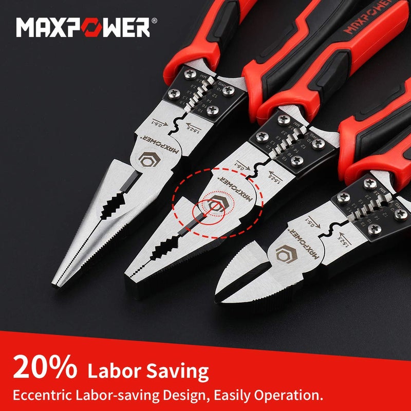 MAXPOWER 3-in-1 Multifunctional Pliers Set, Wire Stripper, Crimper, Cutter, Long Nose Pliers, Diagonal Side Cutters, Linesman Plier - 8 inch - Image 2